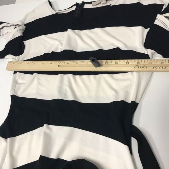 LOFT Dress Womens 2 Black Ivory Wide Stripe Flutter Sleeve Ruffle Hem Waist Sash - Picture 8 of 12